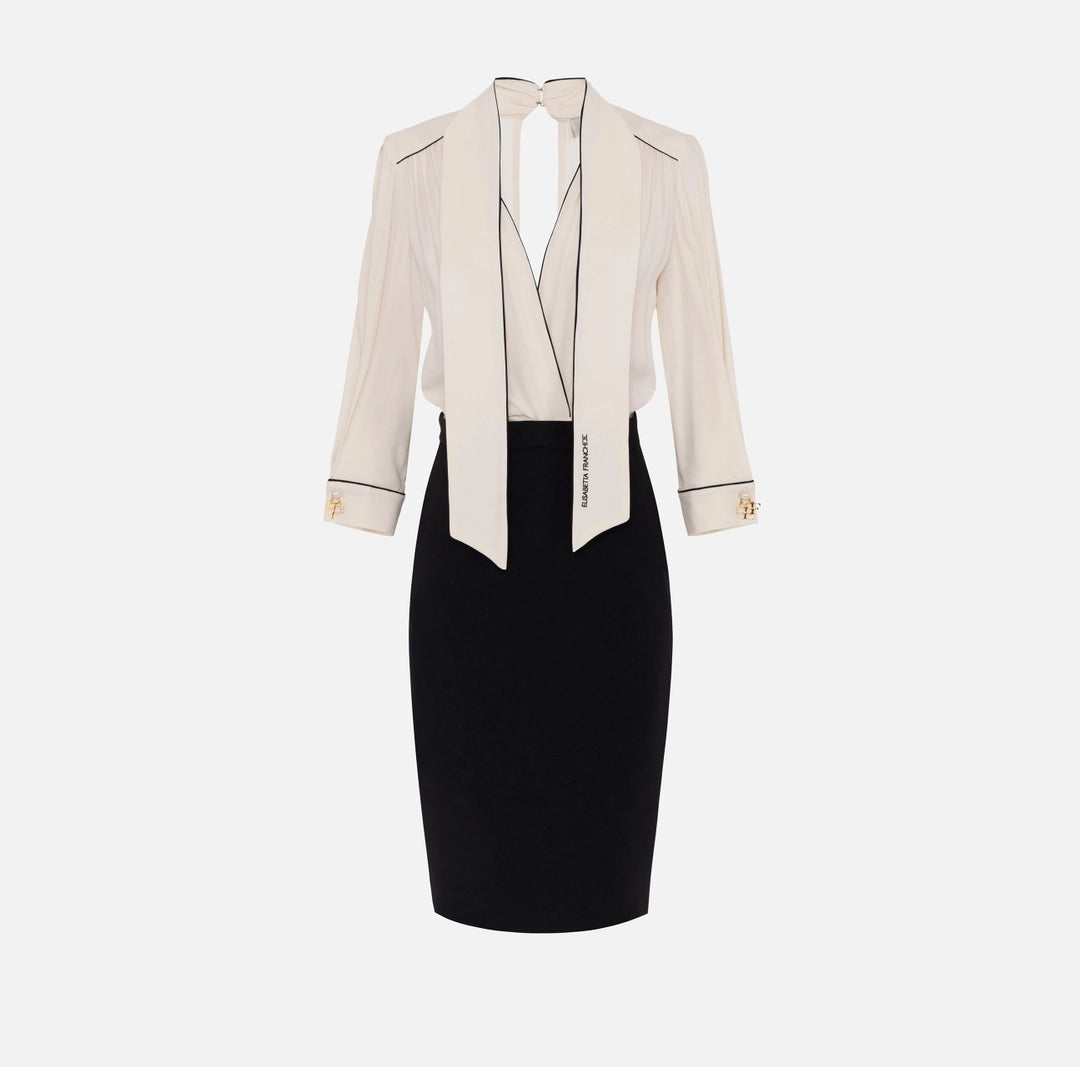 Abito in georgette e crêpe con piping AB77151E2 Nero/Burro
