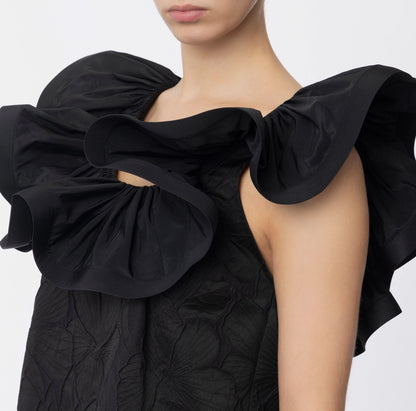 Abito in jacquard floreale con ruche AB69852E2 NERO