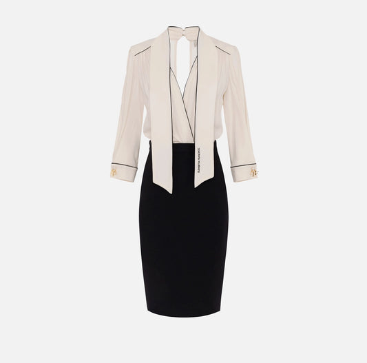 Abito in georgette e crêpe con piping AB77151E2 Nero/Burro