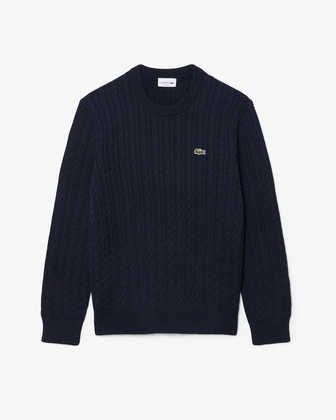 LACOSTE Pullover di cotone in maglia a treccia AH7627 colore navy
