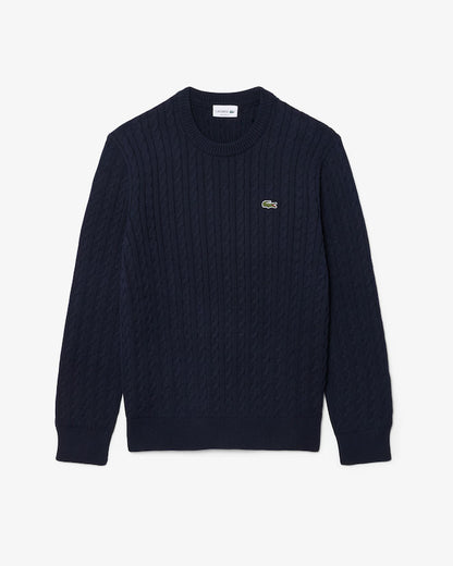 LACOSTE Pullover di cotone in maglia a treccia AH7627 colore navy