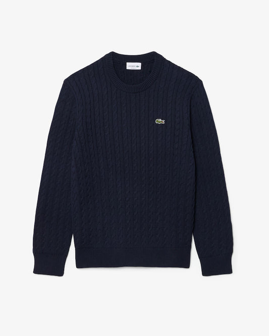 LACOSTE Pullover di cotone in maglia a treccia AH7627 colore navy