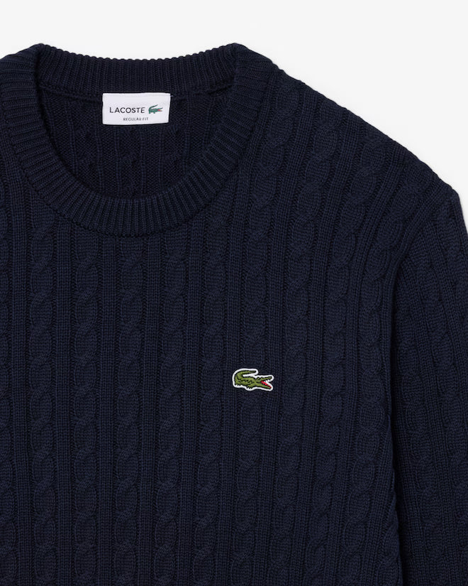 LACOSTE Pullover di cotone in maglia a treccia AH7627 colore navy