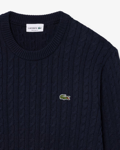 LACOSTE Pullover di cotone in maglia a treccia AH7627 colore navy